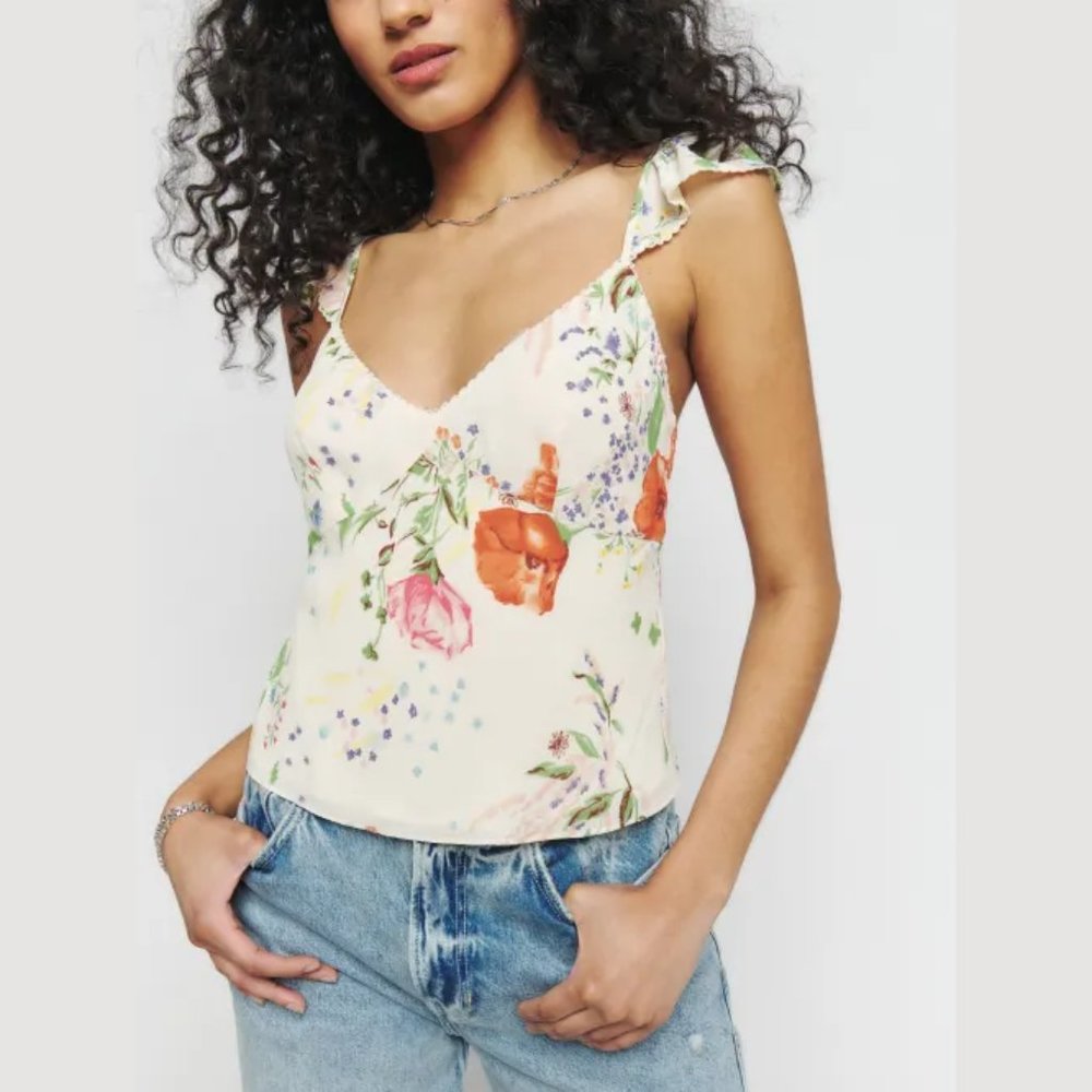 NWOT Reformation Belinda Top in Etude White Floral Lace Trim Flutter Sle…